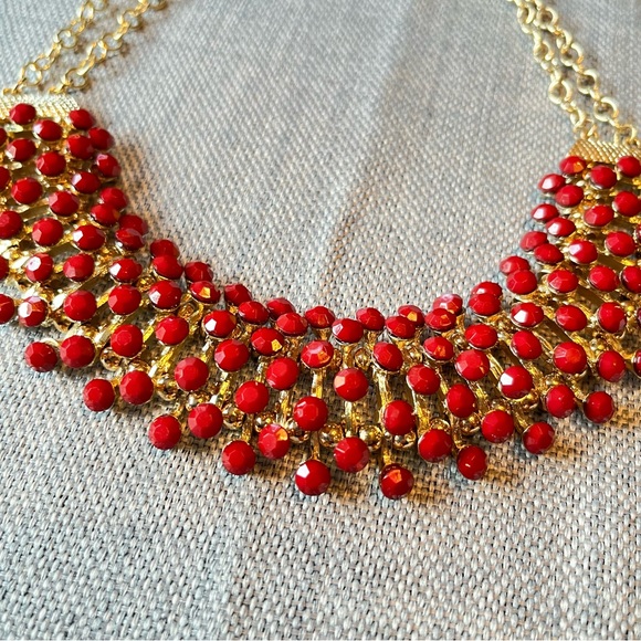 Egyptian Revival Bib Collar Necklace Opaque Red Stone Pin Cushion Necklace - Picture 5 of 13